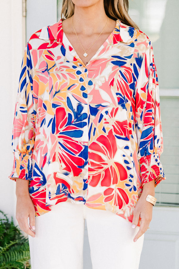 Chic Soul plus size clothing, orange blue peach floral mid sleeve top with v-neck 