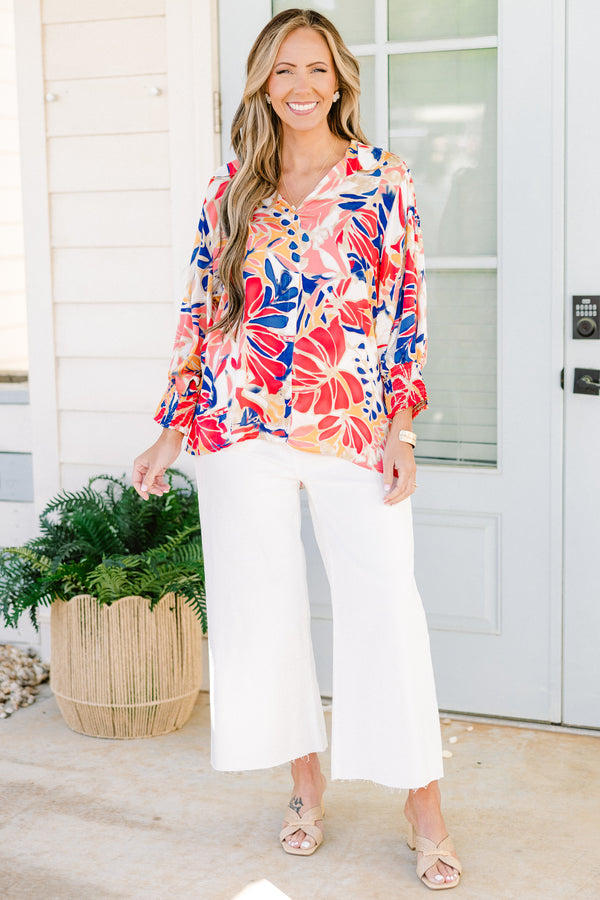 Chic Soul plus size clothing, orange blue peach floral mid sleeve top with v-neck 