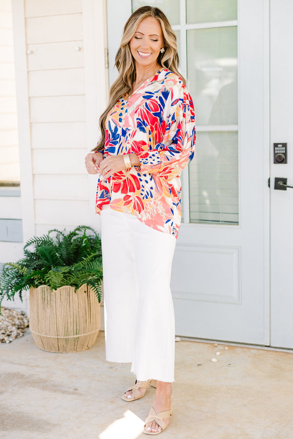 Chic Soul plus size clothing, orange blue peach floral mid sleeve top with v-neck 