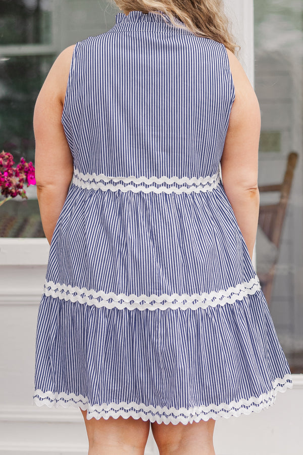 Chic Soul plus size clothing, sleeveless smocked high v-neckline navy pinstriped baby doll dress with white squiggled detailing