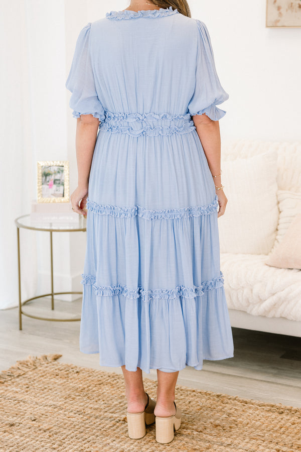 Chic Soul plus size clothing, baby blue short puff sleeve v-neck tiered maxi dress with ruched trim