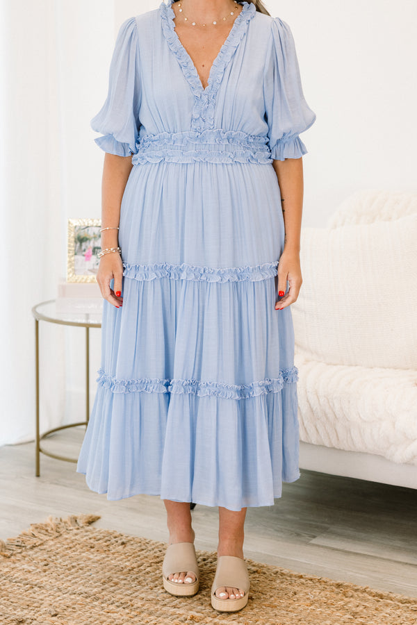 Chic Soul plus size clothing, baby blue short puff sleeve v-neck tiered maxi dress with ruched trim