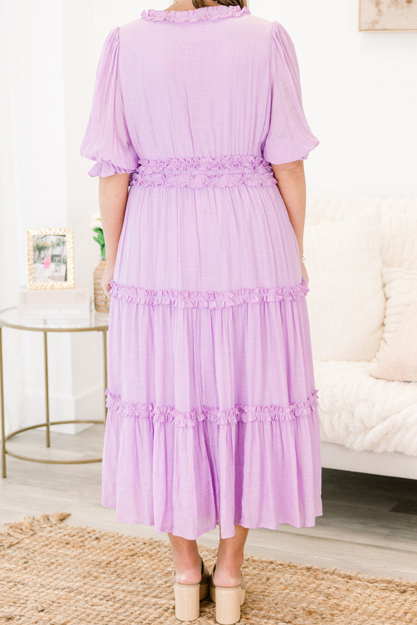 Chic Soul plus size clothing, lilac tiered midi dress with  short sleeves and ruffle details on each tier and the v-neckline 