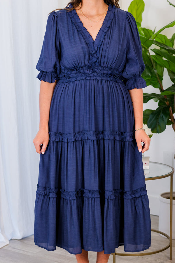 Chic Soul plus size clothing, navy short sleeve maxi dress with synched waist and ruffle detailing with v neckline