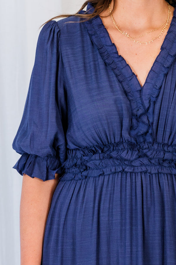 Chic Soul plus size clothing, navy short sleeve maxi dress with synched waist and ruffle detailing with v neckline