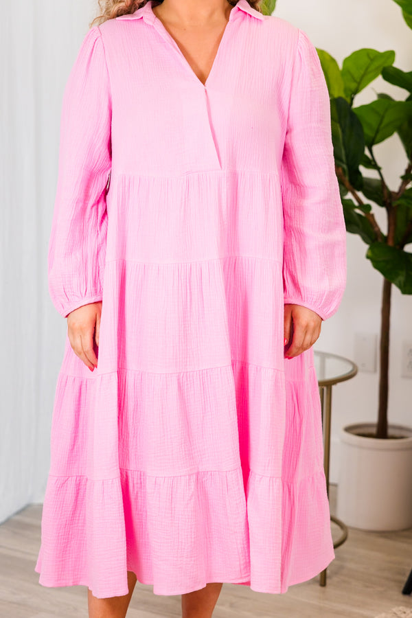 Chic Soul plus size clothing, pink long sleeve maxi dress with ruffle tier detail with v neckline