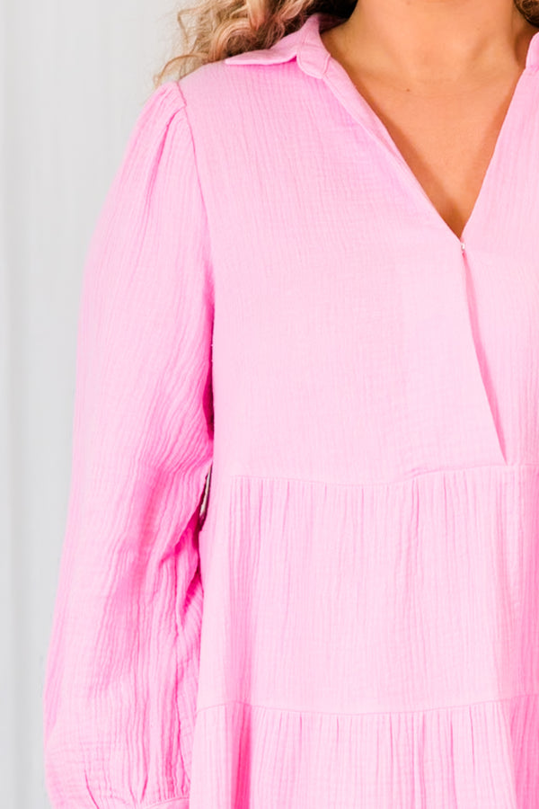 Chic Soul plus size clothing, pink long sleeve maxi dress with ruffle tier detail with v neckline