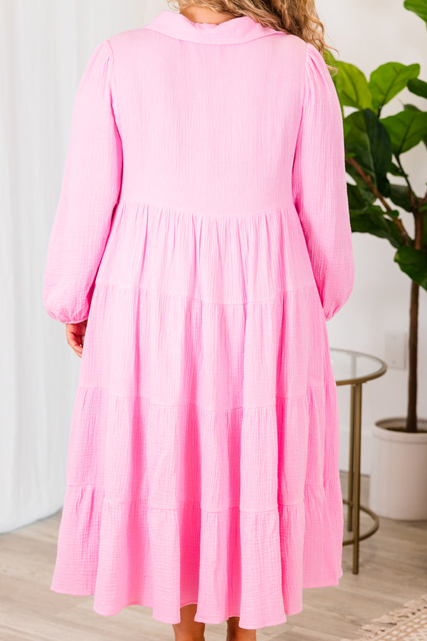 Chic Soul plus size clothing, pink long sleeve maxi dress with ruffle tier detail with v neckline