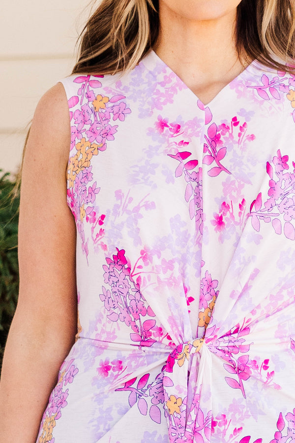 Plus Size sleeveless violet and fuchsia floral tank top with a front tie knot and V-neckline.