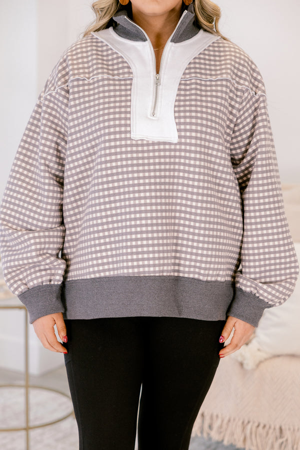 Chic Soul plus size clothing, brown and white gingham print long sleeve pullover with gray waistband and collar and white color block zipper