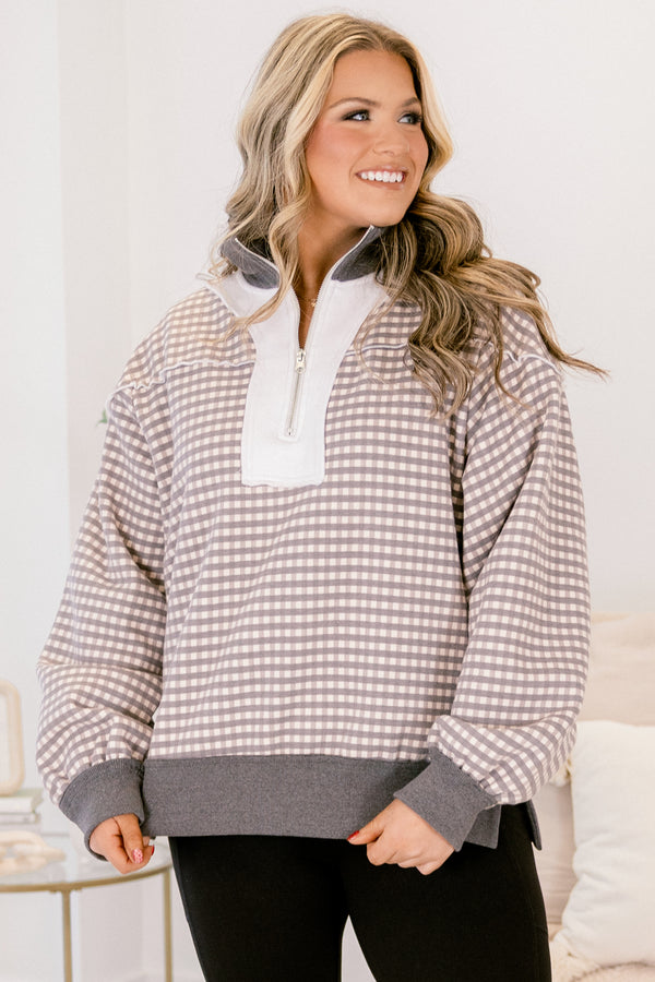 Chic Soul plus size clothing, brown and white gingham print long sleeve pullover with gray waistband and collar and white color block zipper