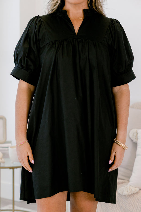 Chic Soul plus size clothing, black dress, short sleeve, midi length, v-neck collar