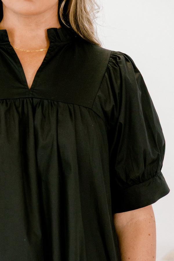Chic Soul plus size clothing, black dress, short sleeve, midi length, v-neck collar