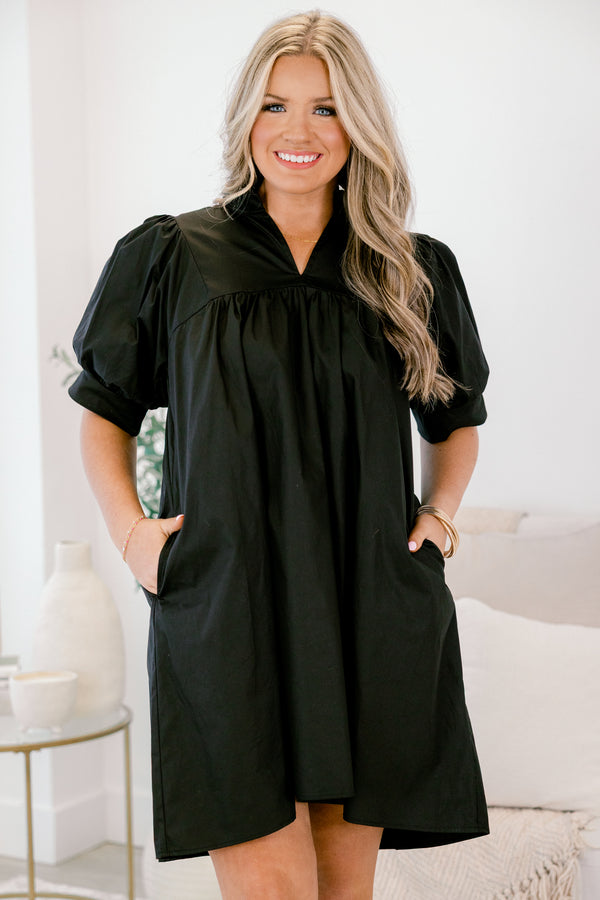 Chic Soul plus size clothing, black dress, short sleeve, midi length, v-neck collar