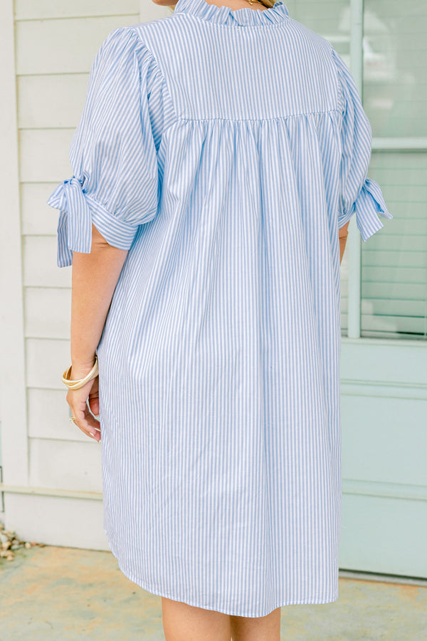Chic Soul plus size clothing, blue striped baby doll dress with a v-neckline