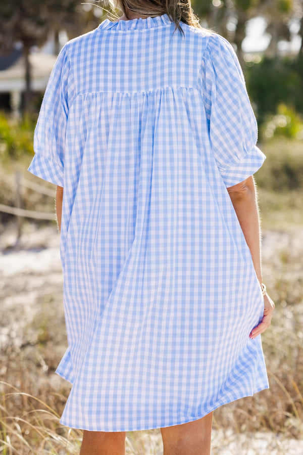Chic Soul plus size clothing, short-puffed-sleeve blue and white gingham patterned short dress with a split-v-neckline 