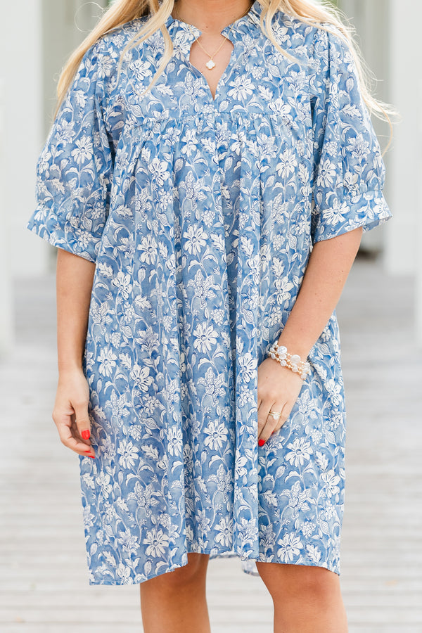 Chic Soul plus size clothing, short-puffed-sleeve blue grey baby doll dress with a smocked neckline and a subtle abstract floral pattern 