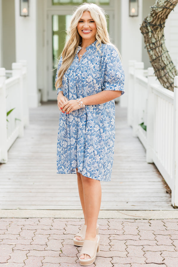 Chic Soul plus size clothing, short-puffed-sleeve blue grey baby doll dress with a smocked neckline and a subtle abstract floral pattern 