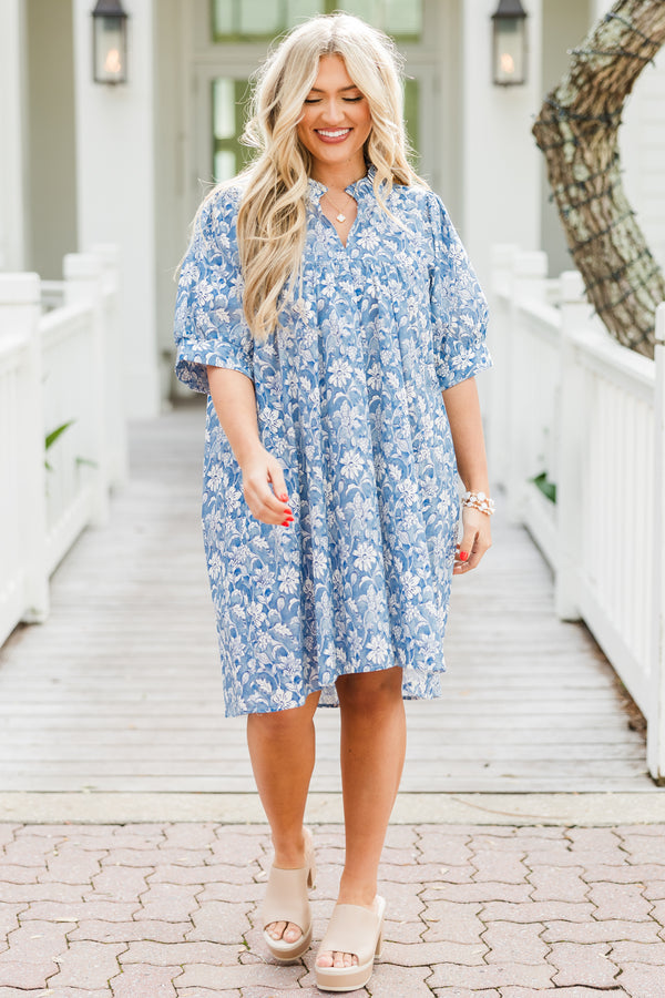 Chic Soul plus size clothing, short-puffed-sleeve blue grey baby doll dress with a smocked neckline and a subtle abstract floral pattern 