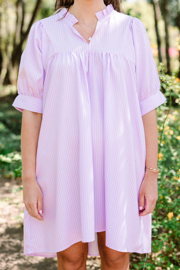 Chic Soul plus size clothing, short-puffed-sleeve lilac purple flowy baby doll dress with a high-low hemline and a split-v-neckline 