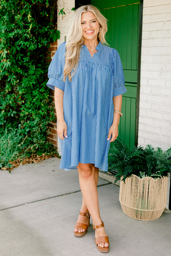Chic Soul plus size clothing, navy blue and white striped short-balloon-cuff sleeve ruffle-slit neckline casual dress with pockets