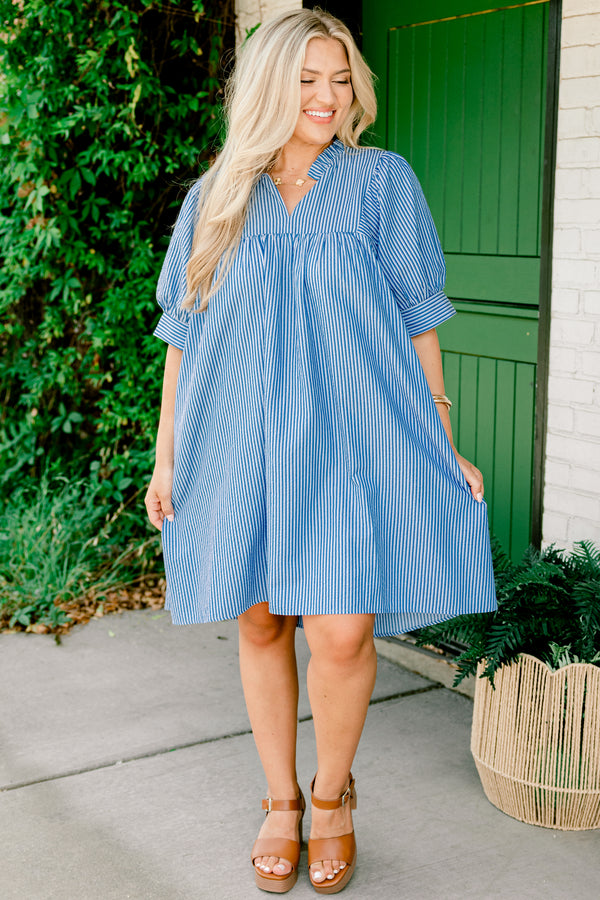 Chic Soul plus size clothing, navy blue and white striped short-balloon-cuff sleeve ruffle-slit neckline casual dress with pockets