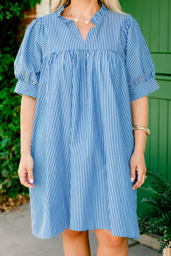 Chic Soul plus size clothing, navy blue and white striped short-balloon-cuff sleeve ruffle-slit neckline casual dress with pockets