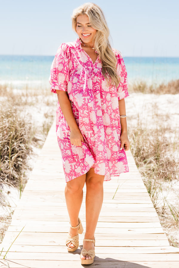 Chic Soul plus size clothing, short-puffed-sleeve short pink dress with a split-v-neckline and a white floral pattern 
