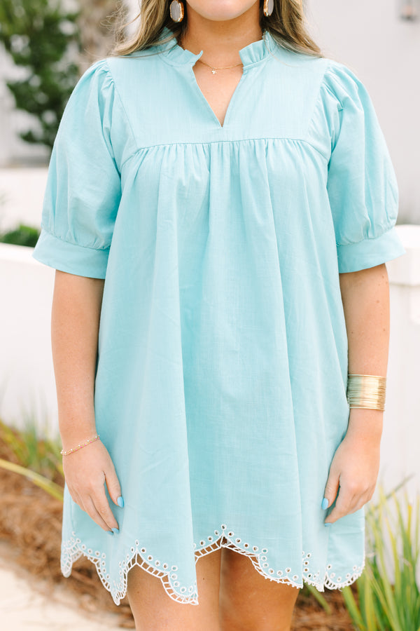 Chic Soul plus size clothing, turquoise knee length dress with puff sleeves that have a cuff a slight v-neckline and eyelet details on the bottom of the dress 