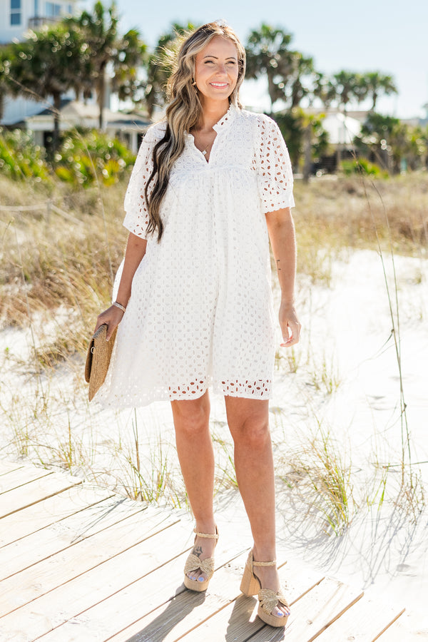Chic Soul plus size clothing, short-puffed-sleeve white baby doll dress with an eyelet lace layering and a split-v-neckline 