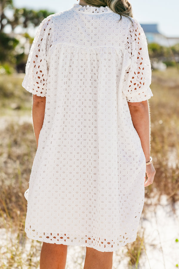Chic Soul plus size clothing, short-puffed-sleeve white baby doll dress with an eyelet lace layering and a split-v-neckline 