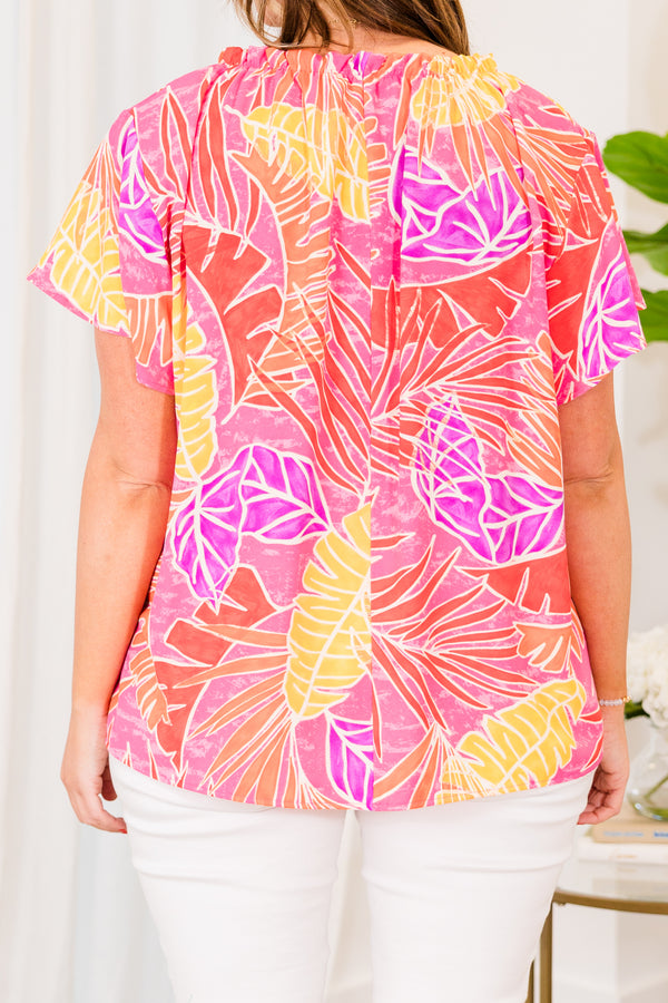 Chic Soul plus size clothing, short sleeve fuchsia top with orange and yellow tropical pattern details and small v-neckline