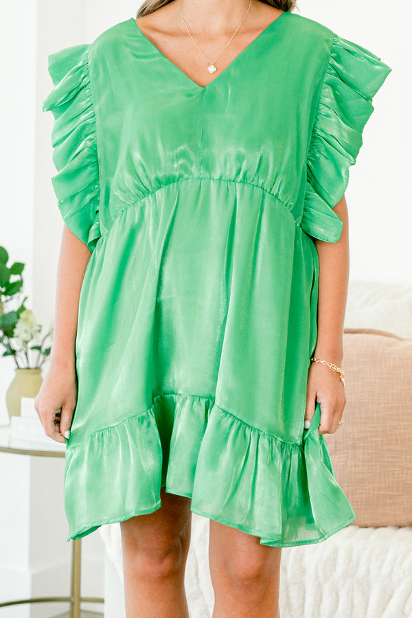Chic Soul plus size clothing, kelly green shimmer short sleeve mini dress with v neckline and ruffle sleeves