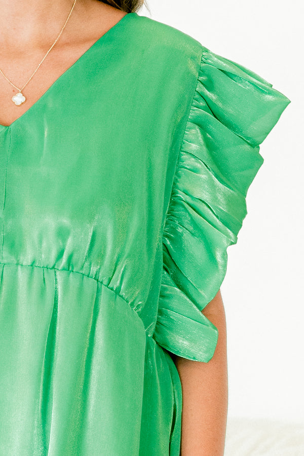 Chic Soul plus size clothing, kelly green shimmer short sleeve mini dress with v neckline and ruffle sleeves