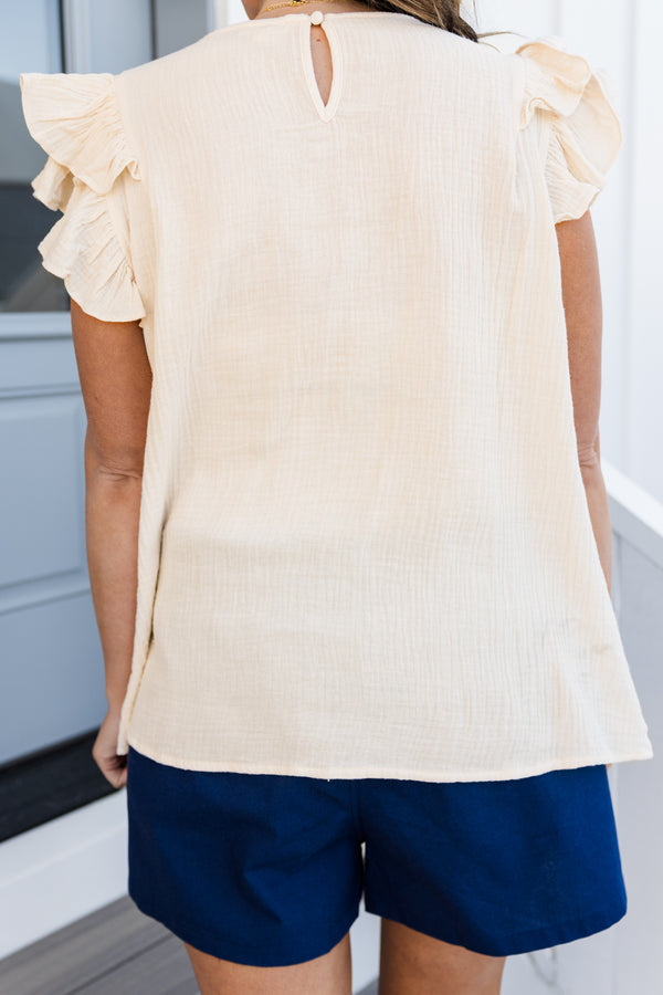 Chic Soul plus size clothing, cream short sleeve textured top with v scoop neckline with ruffle tiered detail on sleeves