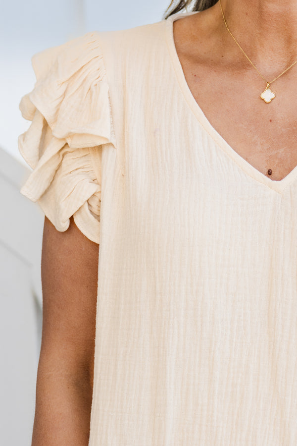 Chic Soul plus size clothing, cream short sleeve textured top with v scoop neckline with ruffle tiered detail on sleeves