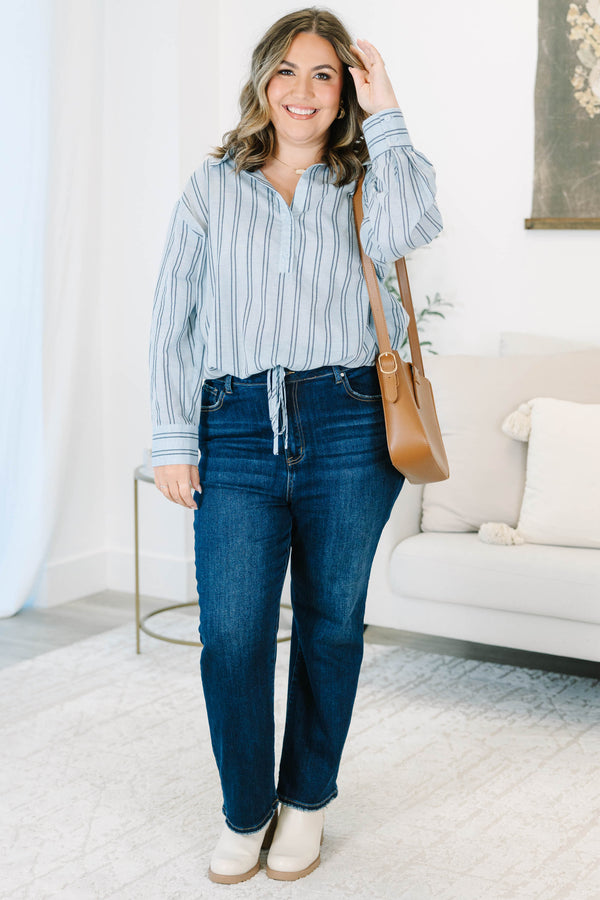 Plus Size blue and white vertical striped 100% cotton top with long sleeves and a tie-front hem.