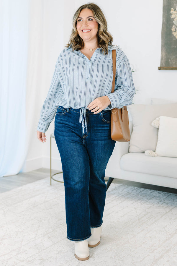 Plus Size blue and white vertical striped 100% cotton top with long sleeves and a tie-front hem.