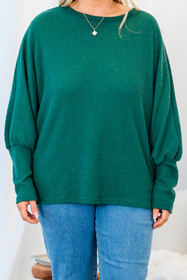 Chic Soul plus size clothing, long-sleeve green waffle-knit sweater with mock-neckline and balloon sleeves and tight wristline 
