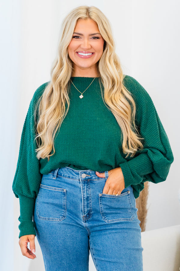 Chic Soul plus size clothing, long-sleeve green waffle-knit sweater with mock-neckline and balloon sleeves and tight wristline 