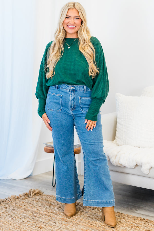 Chic Soul plus size clothing, long-sleeve green waffle-knit sweater with mock-neckline and balloon sleeves and tight wristline 