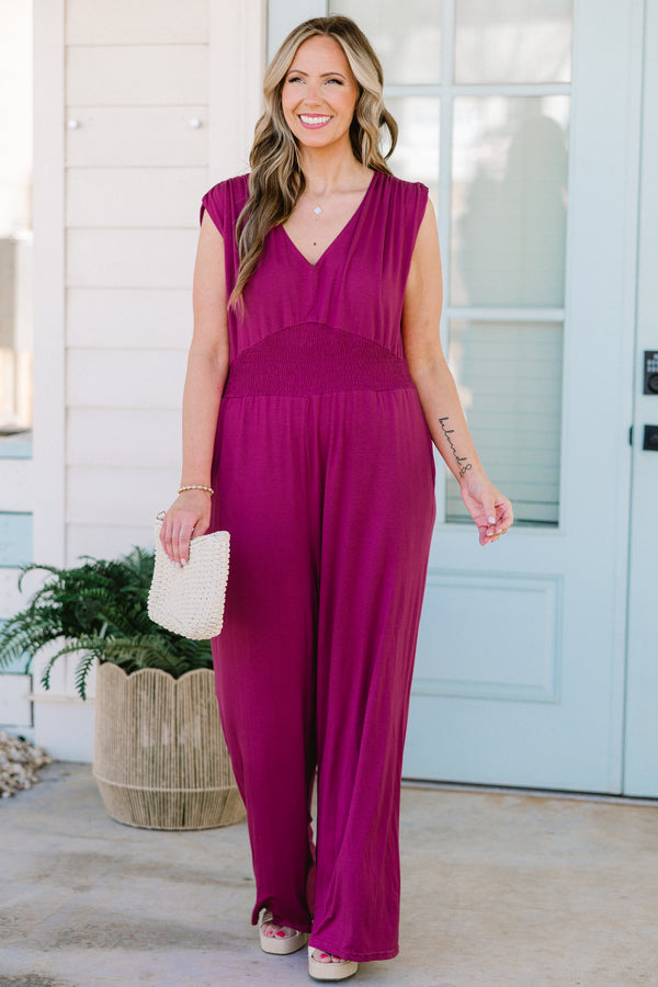 Chic Soul plus size clothing, purple cap sleeve jumpsuit with stretchy waistband