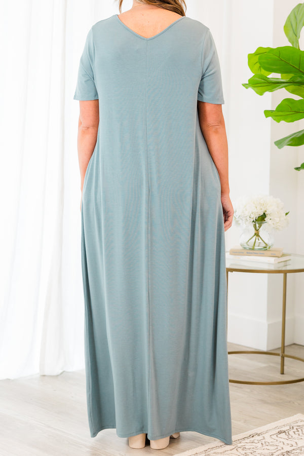 Chic Soul plus size clothing, blue grey short sleeve tshirt maxi dress with pockets and v neckline