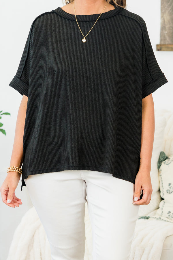Chic Soul plus size clothing, black short sleeve ribbed knit top with cuff sleeves with round neckline 