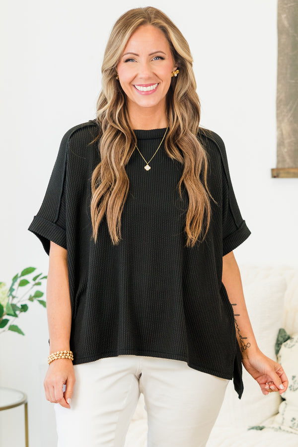 Chic Soul plus size clothing, black short sleeve ribbed knit top with cuff sleeves with round neckline 
