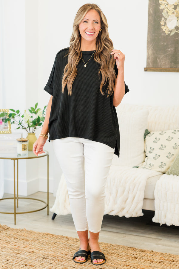 Chic Soul plus size clothing, black short sleeve ribbed knit top with cuff sleeves with round neckline 