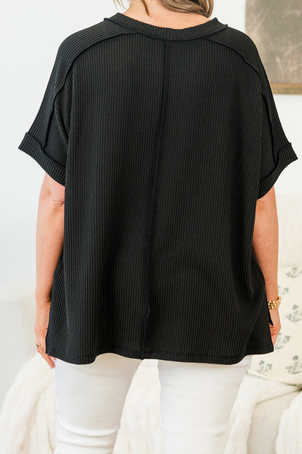 Chic Soul plus size clothing, black short sleeve ribbed knit top with cuff sleeves with round neckline 