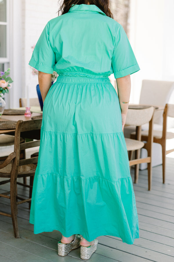 Chic Soul plus size clothing, short-sleeve soft jade green collared button-up maxi dress with ruffled detailing and a smocked waistline 