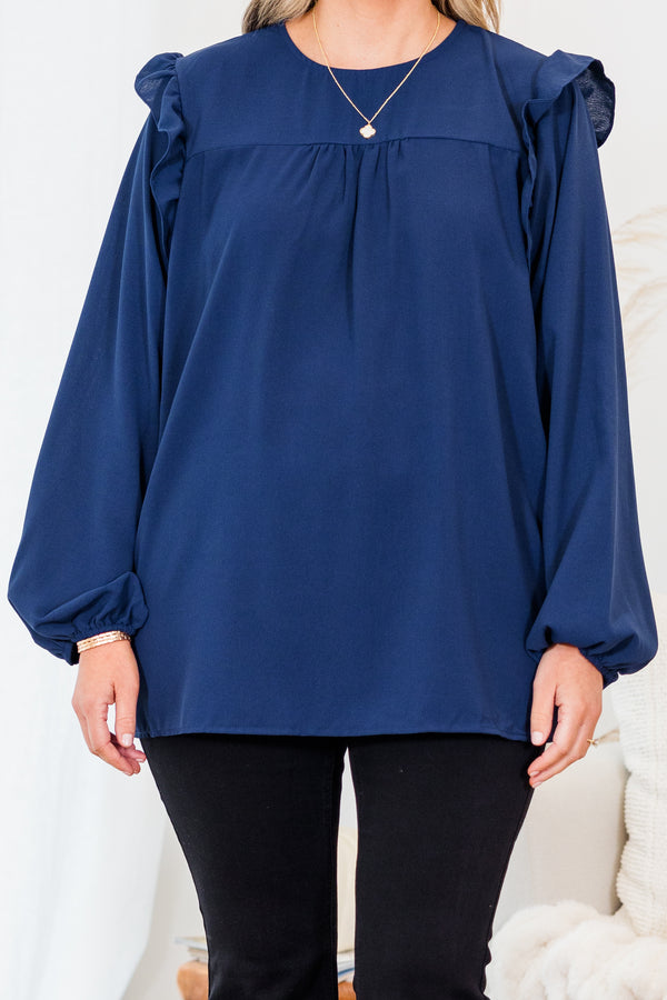 Chic Soul plus size clothing, navy long sleeve flowy long sleeve top with round neckline and bubble cuff sleeves with ruffle detail on shoulders