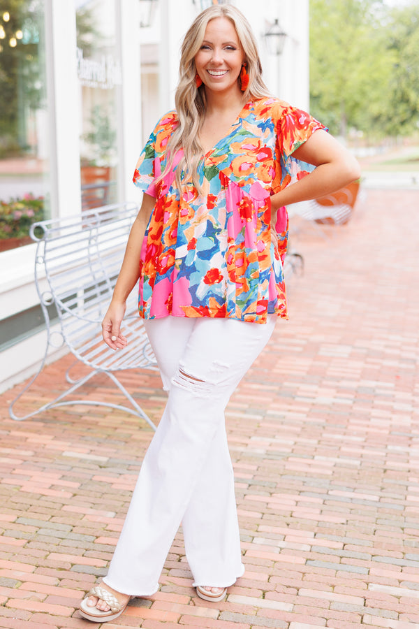 Chic Soul plus size clothing, multicolor floral pattern flowy top with flutter sleeves